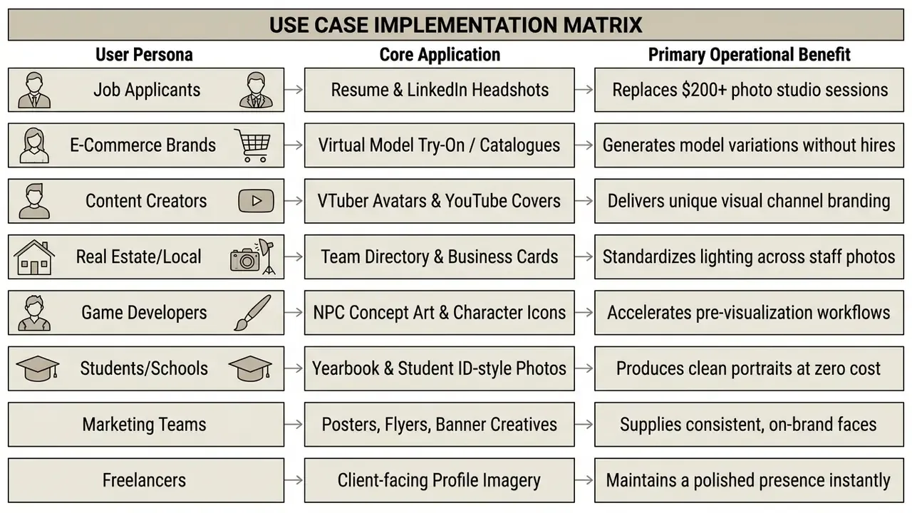 Matrix linking user personas to core AI portrait generator applications and their operational benefits