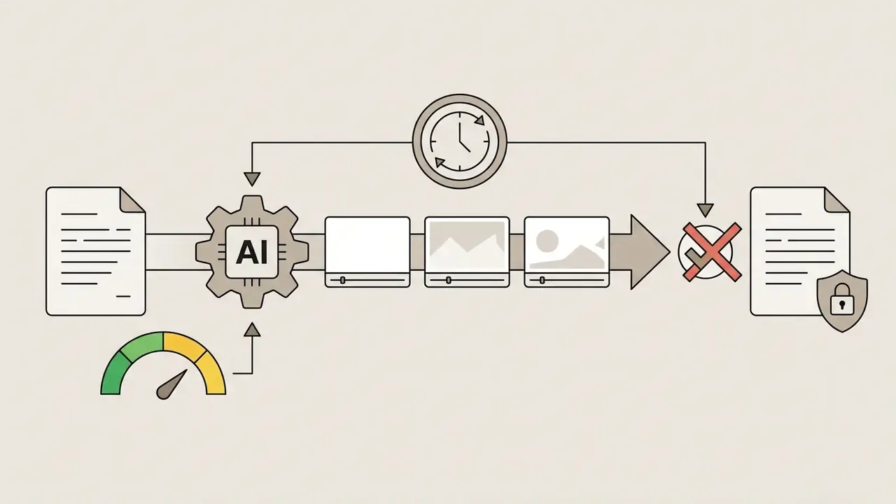 AI gear processing text into video clips with a clock and security check icon for final document review