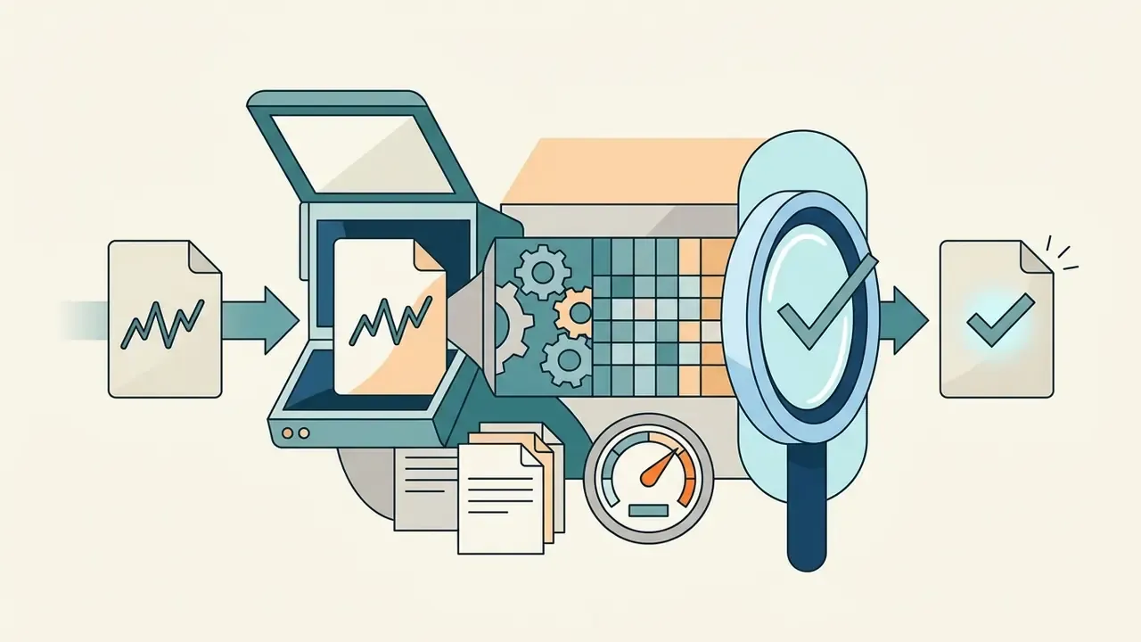 Document scanning through a gear mechanism and magnifying glass to produce a verified file