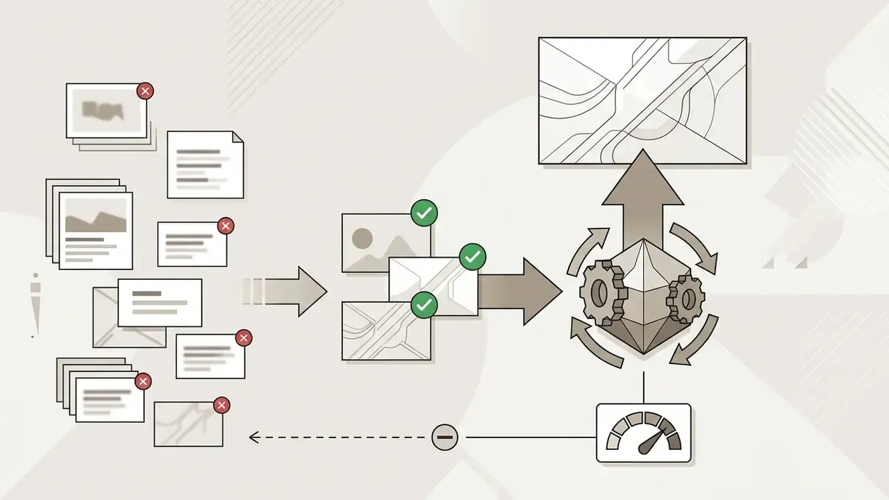 Process flow showing selected clips being upscaled by a mechanical engine while others are discarded