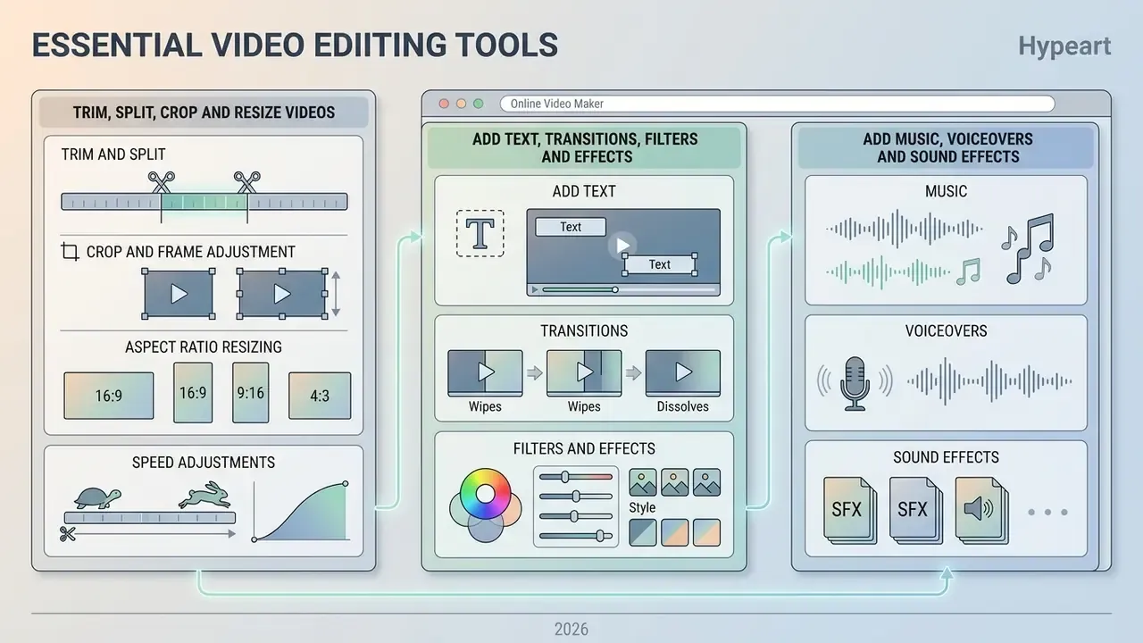 Infographic showing core functions like trimming, adding text, and applying audio effects to media