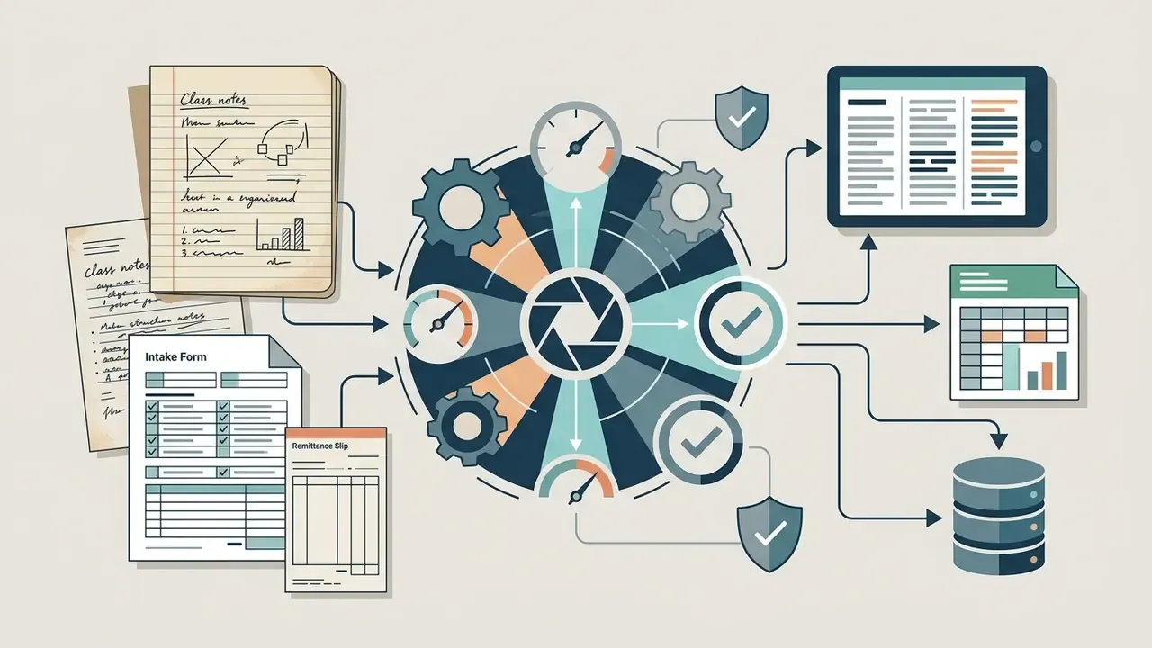 Handwritten notes and forms feeding into a central processing hub that outputs digital files and databases
