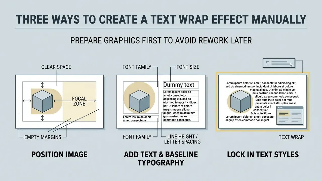Infographic showing three steps to prepare a layout with clear space, typography, and text wrapping