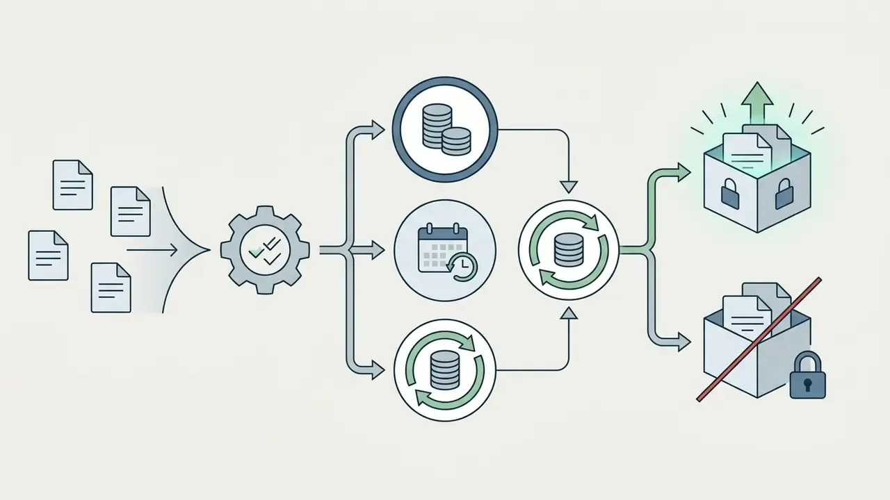 Documents processed through a gear into payment models and sorted into accessible or locked storage boxes