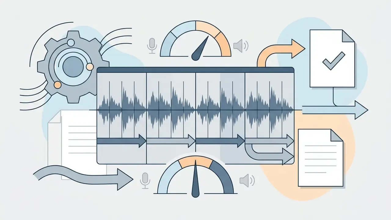 Audio waveform timeline with speed gauges and document icons indicating rhythmic editing and alignment