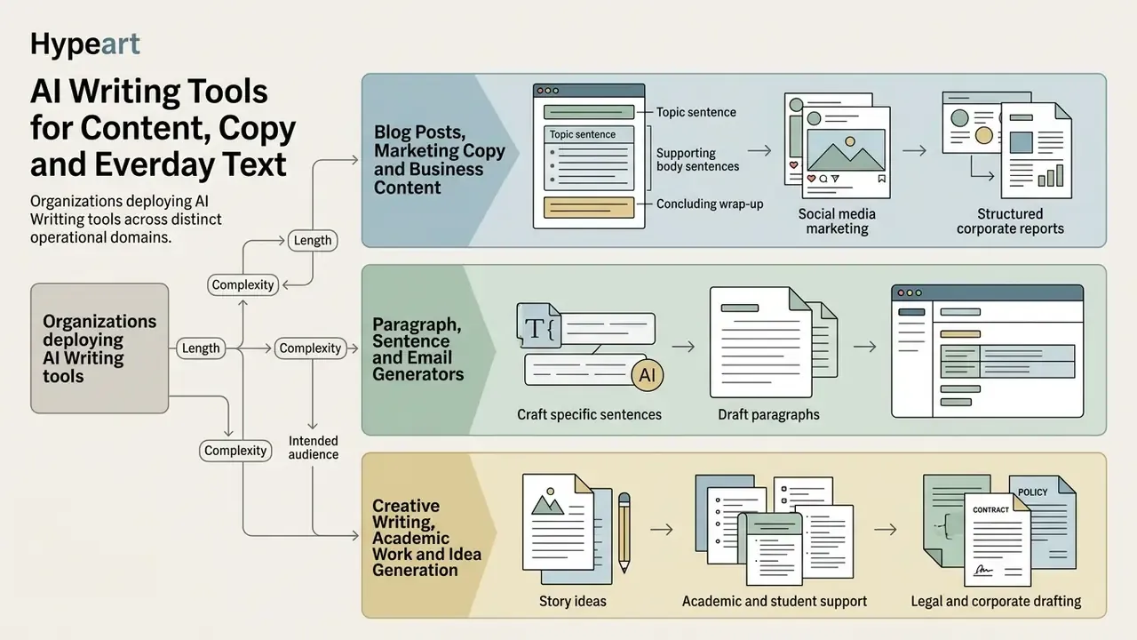 Flowchart mapping organizational use cases for automated text generation across three distinct domains