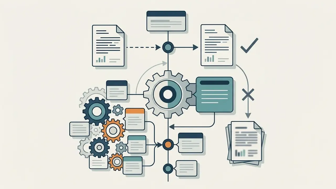 Flowchart showing documents and data nodes connected by gears to represent the collaborative work of AI