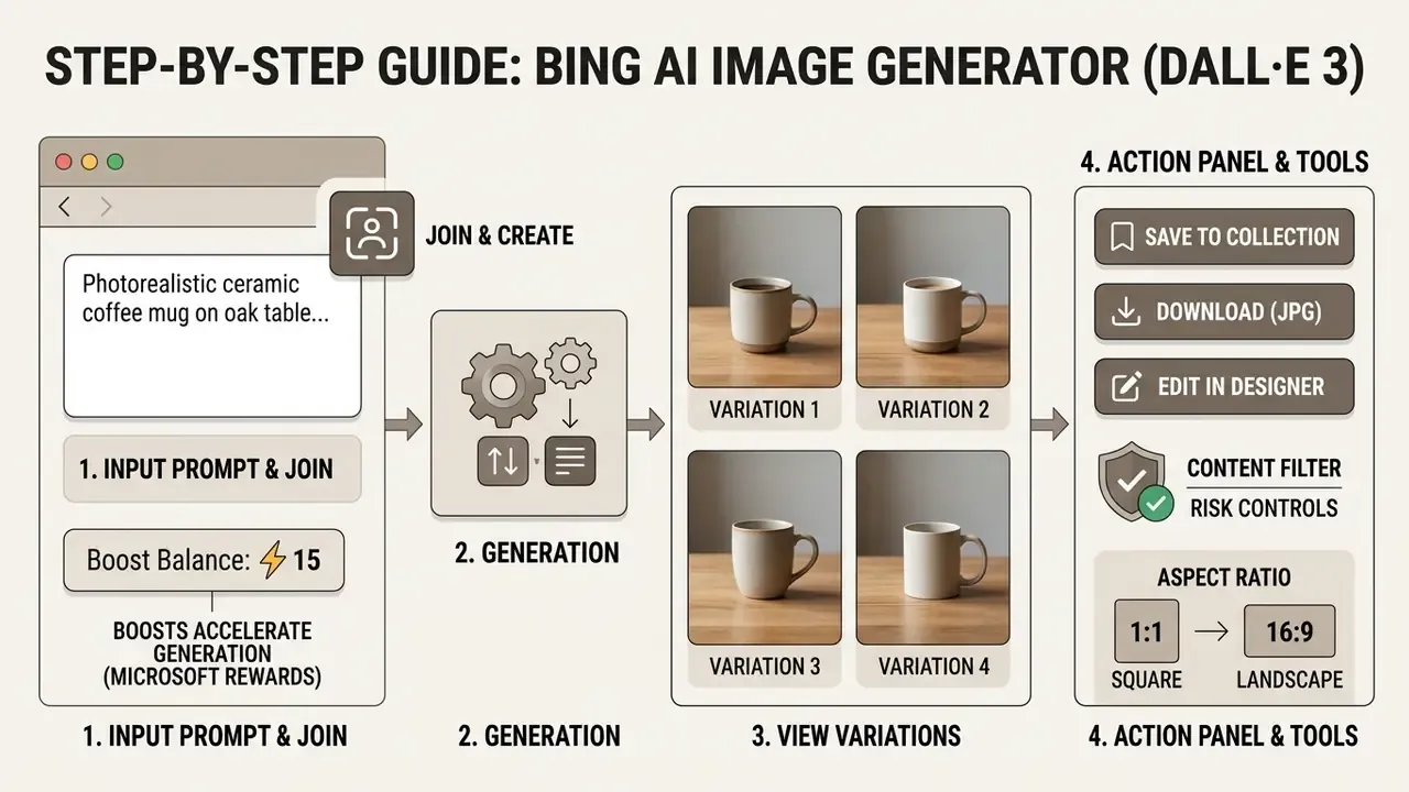 Workflow showing prompt entry, DALL-E 3 image generation, variation viewing, and final editing tools