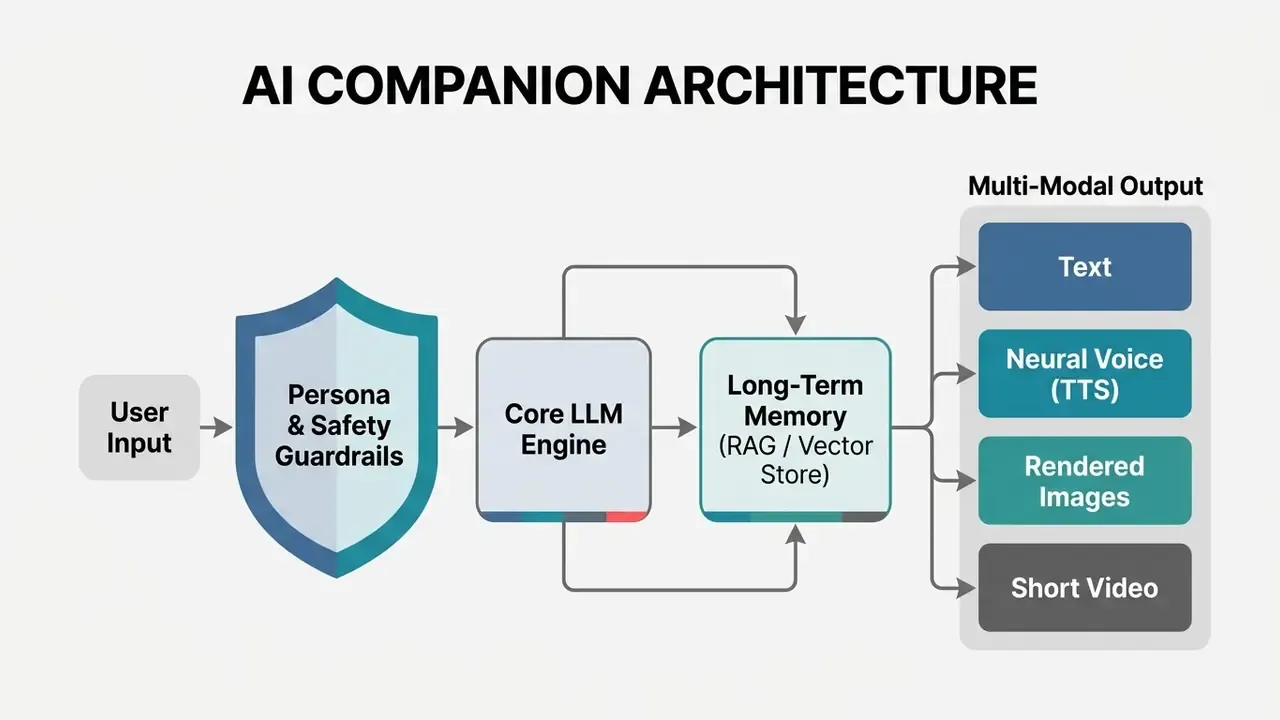 Diagram showing the data flow from user input through safety guardrails and LLM processing to outputs