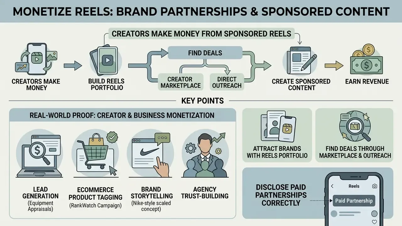 Infographic showing steps to monetize Instagram Reels through brand partnerships and business case studies