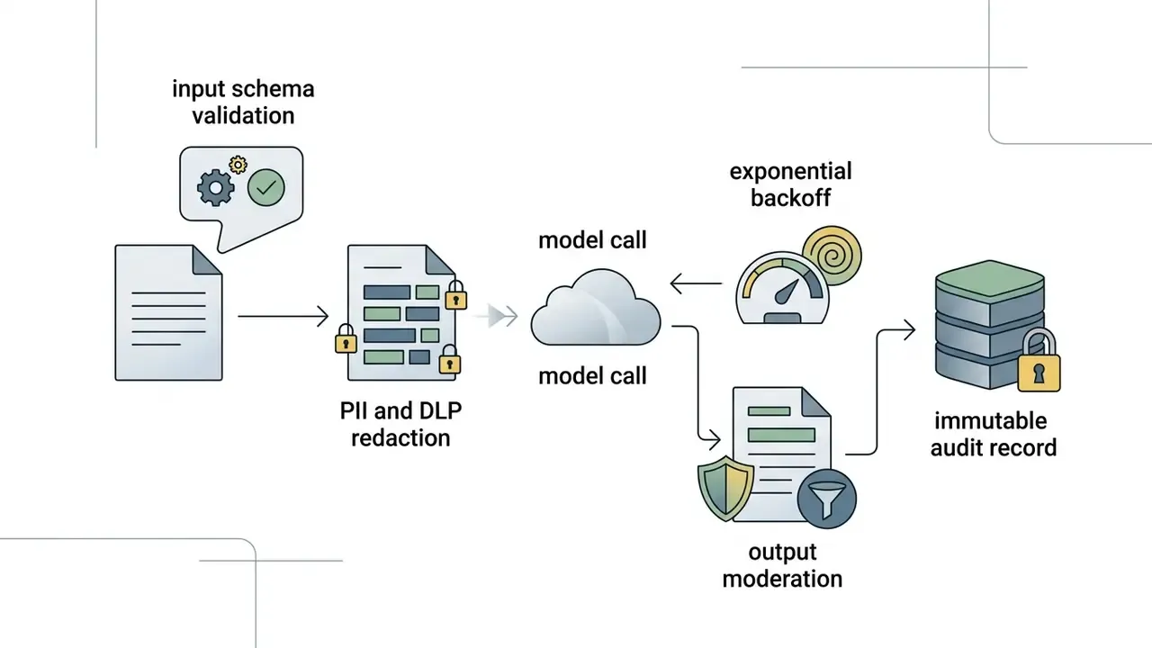 Five-stage pipeline showing validation, redaction, model calls, moderation, and audit record storage