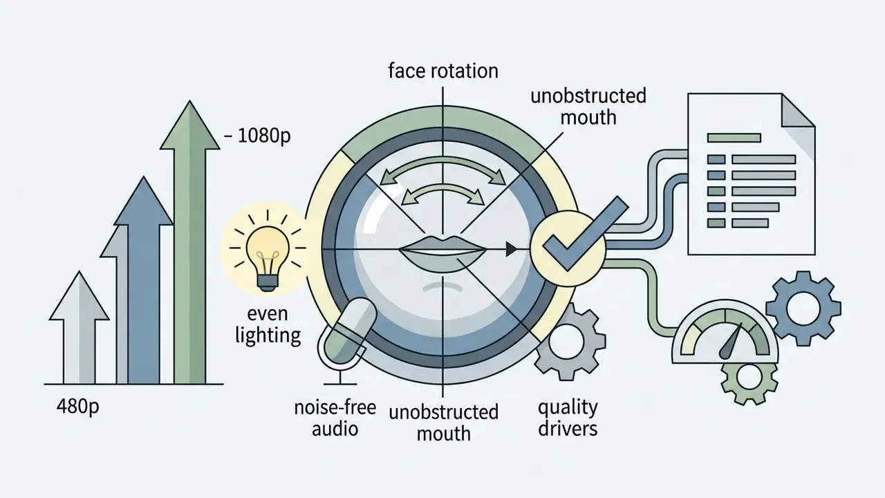 Icons representing lighting, audio, facial rotation, and resolution as factors for video quality
