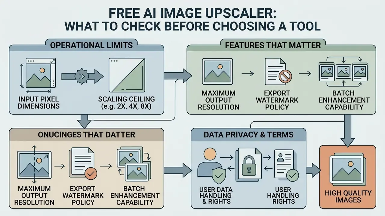 Diagram mapping operational limits, feature requirements, and data privacy terms for AI enhancement tools