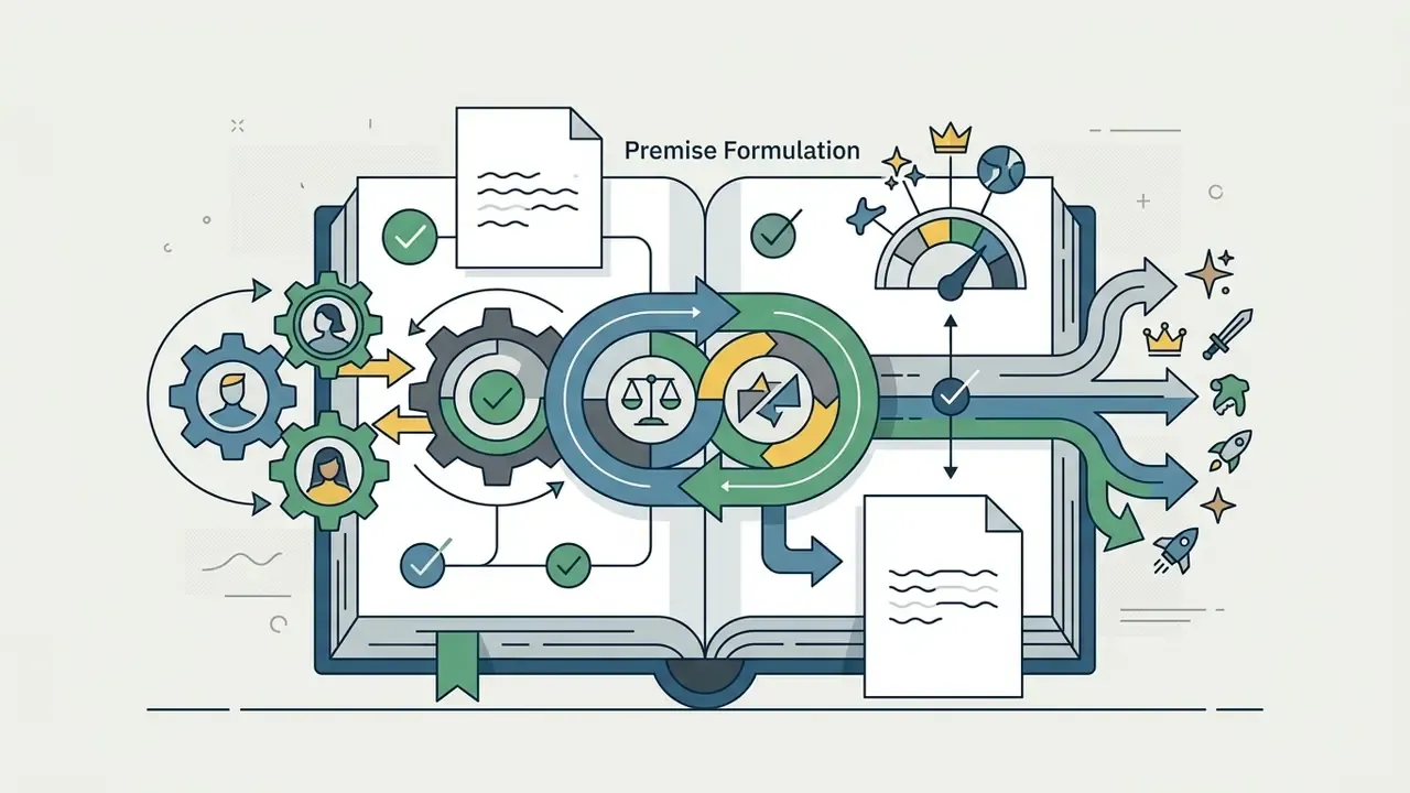 Open book with gears, balance scales, and arrows branching into diverse narrative paths and icons