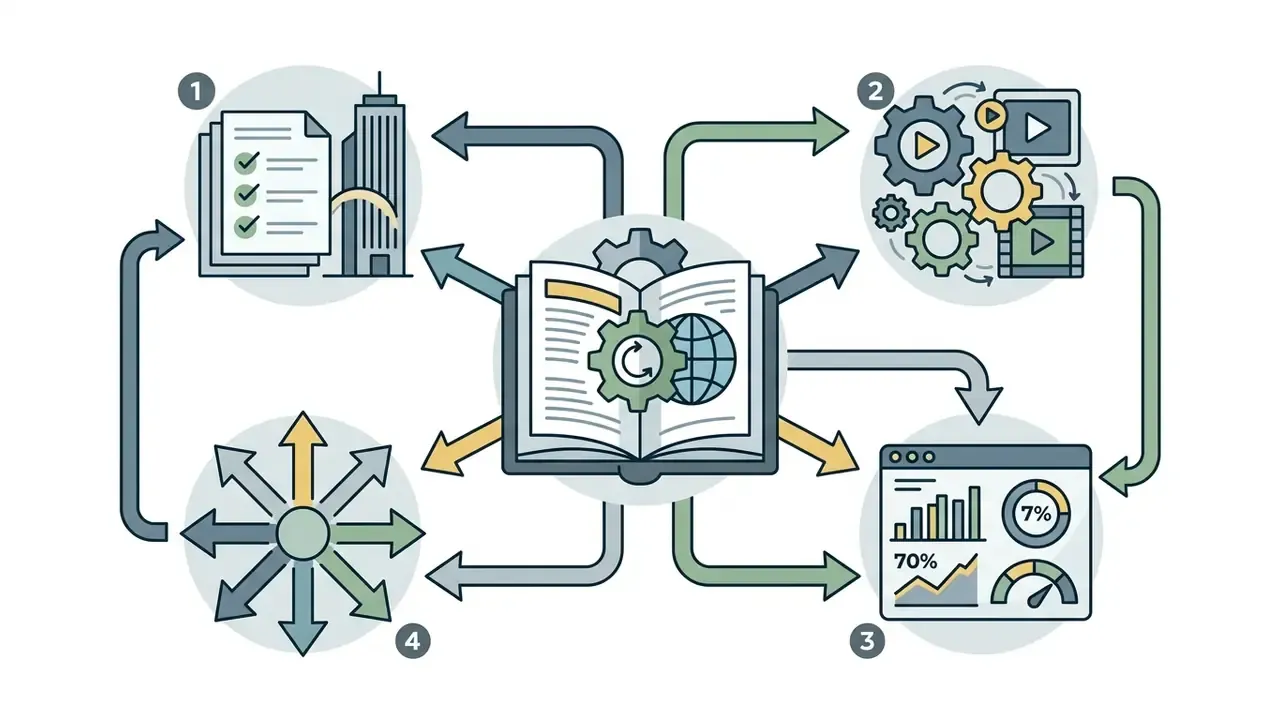 Central open book icon connected by arrows to four numbered circles representing business and data workflows
