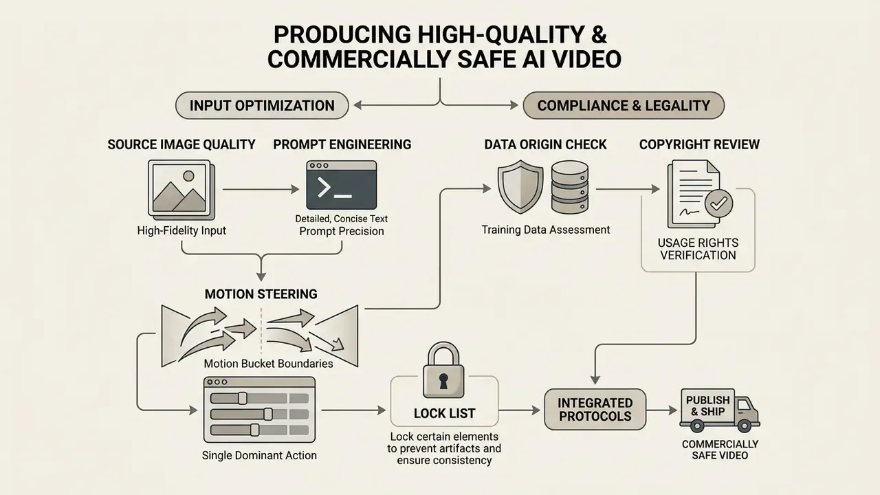 Process diagram detailing input optimization, motion steering, and legal compliance for video generation