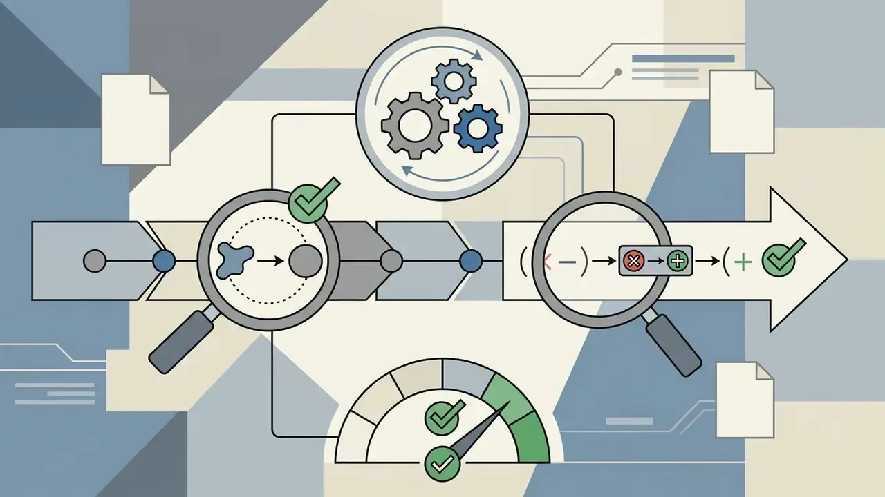 Magnifying glasses inspecting mathematical symbols and a gauge checking the accuracy of an AI math solver