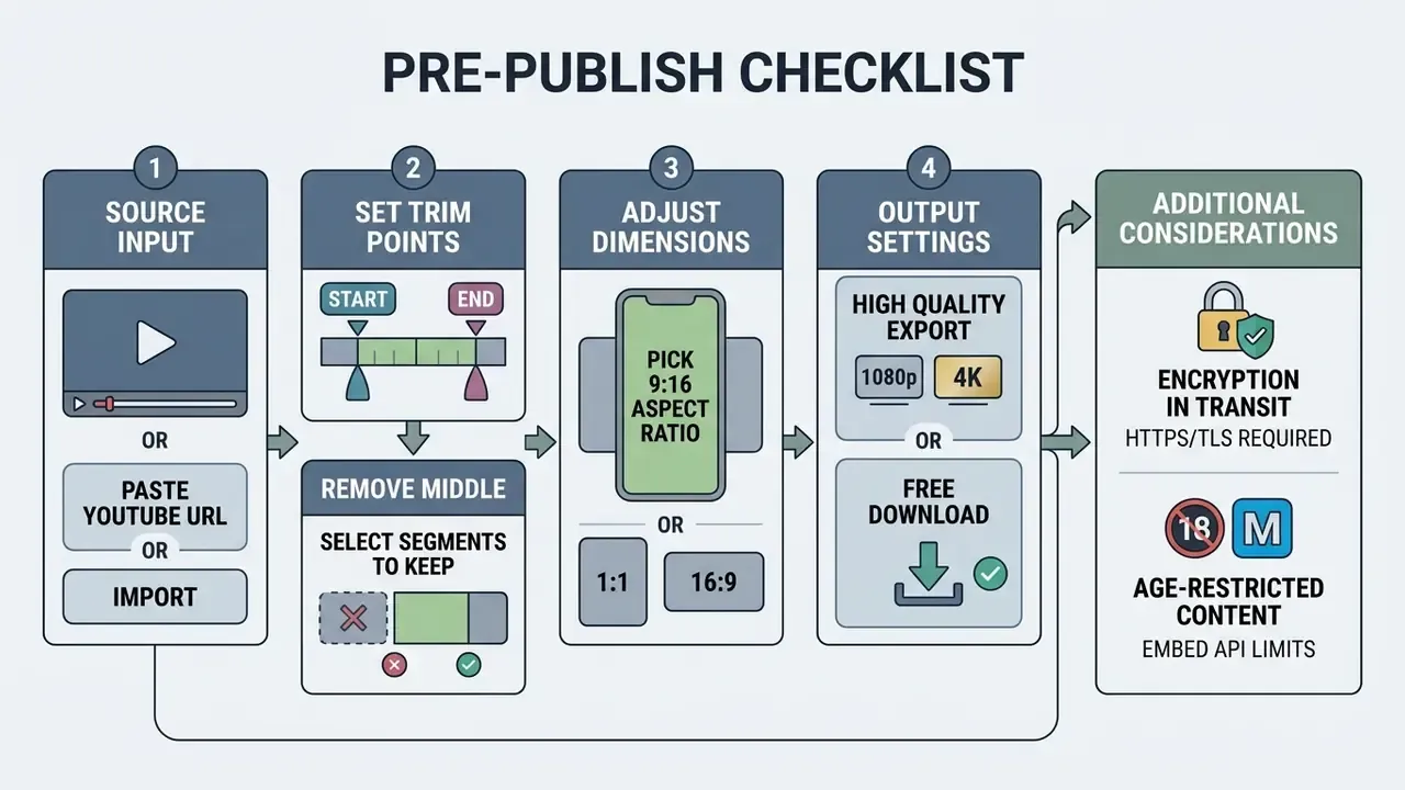 Four step workflow for video editing with additional notes on encryption and age-restricted content