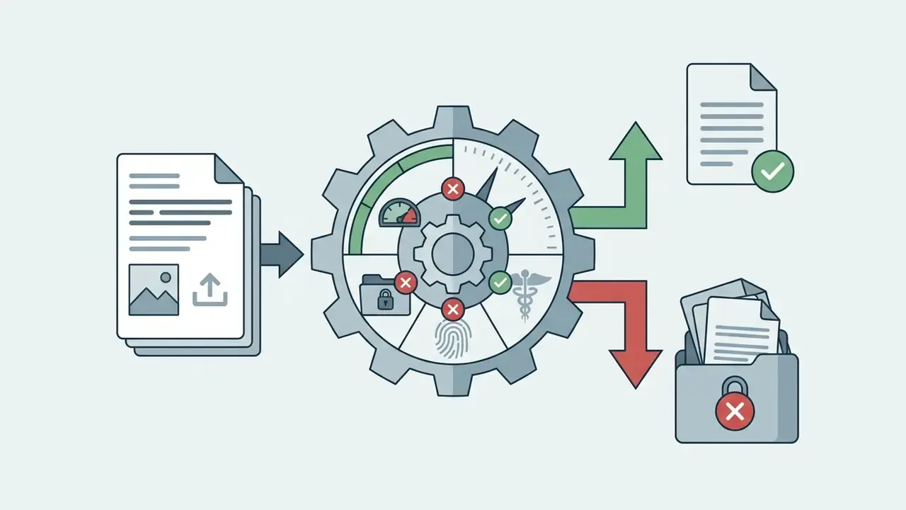 Documents entering a gear mechanism that filters sensitive data into approved or blocked output paths