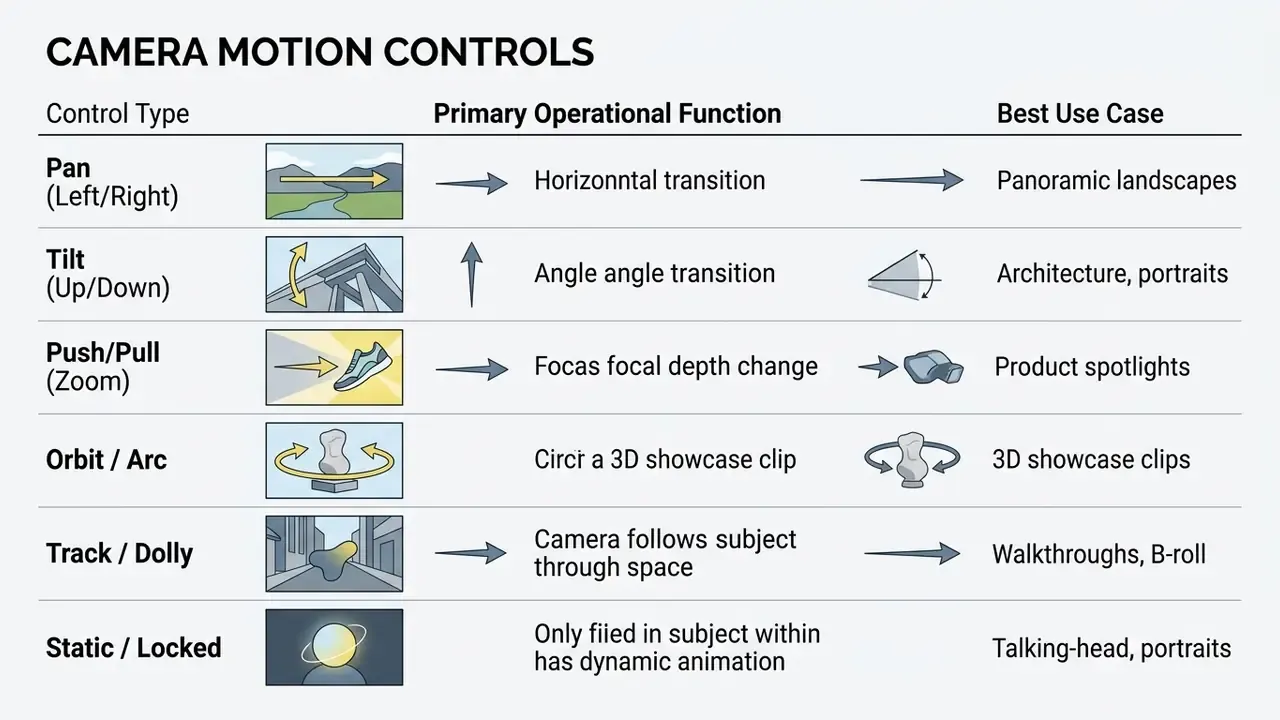 Comparison table detailing various camera motion types, their primary functions, and ideal use cases for video