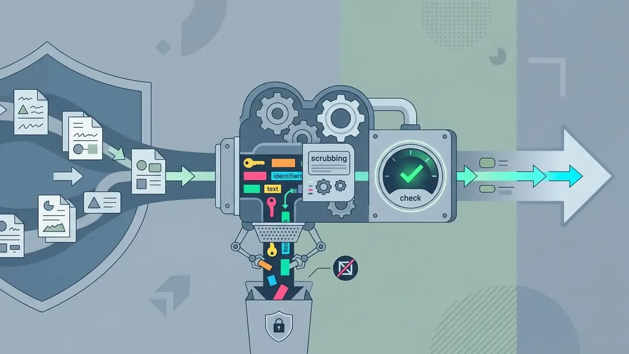 Data files passing through a mechanical filter that removes sensitive items into a bin before final processing