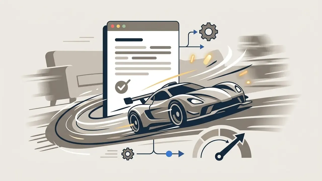 Toy racecar speeding past a document icon with gear and speedometer symbols to indicate animation output