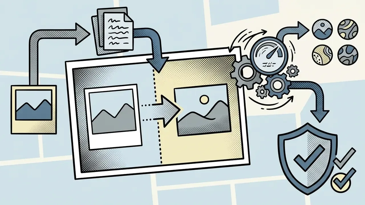 Comic style diagram showing photo and text inputs transforming into stylized art through mechanical gears