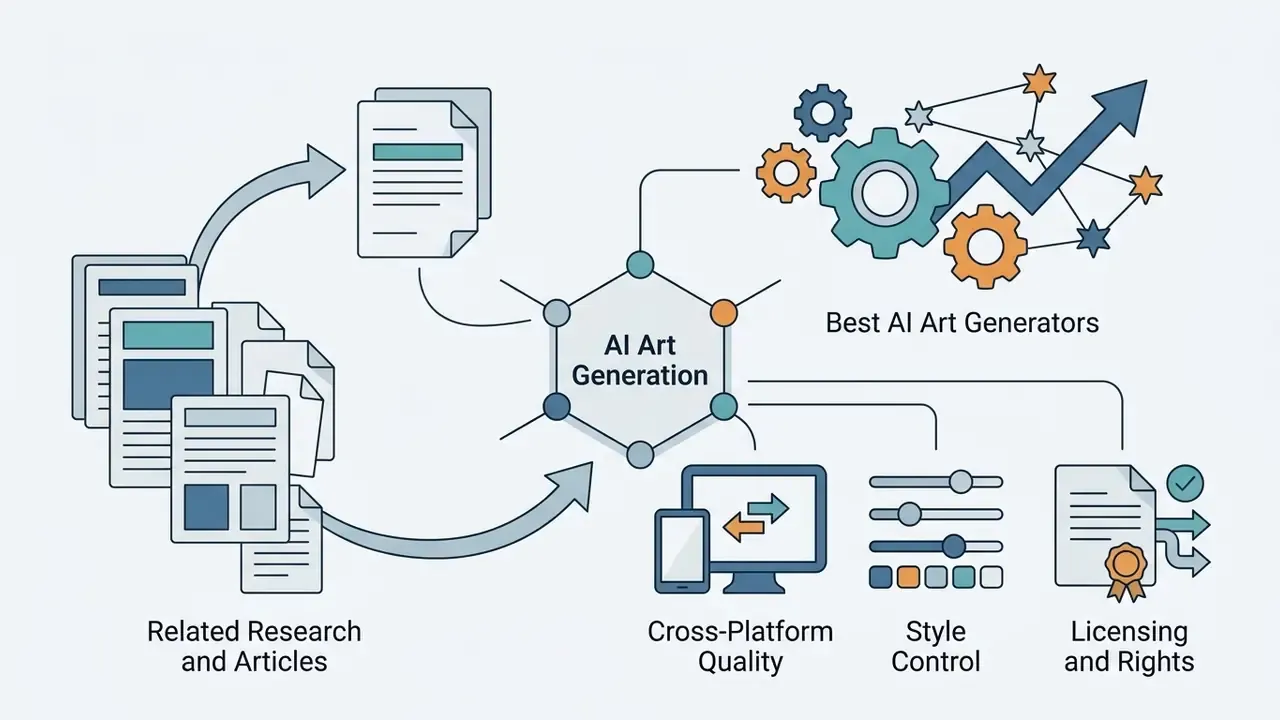 Hexagon hub connecting research documents to quality, style, and licensing features for AI art generators