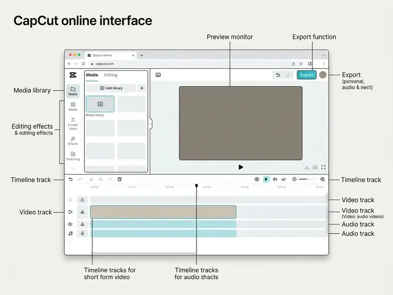 Annotated capcut online video editor interface layout and editing tools showing panels and timeline tracks