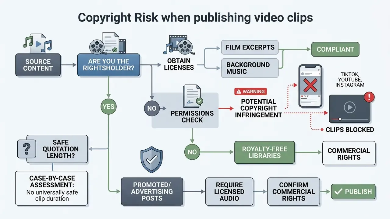 Flowchart outlining the decision process for verifying copyright compliance before publishing video content