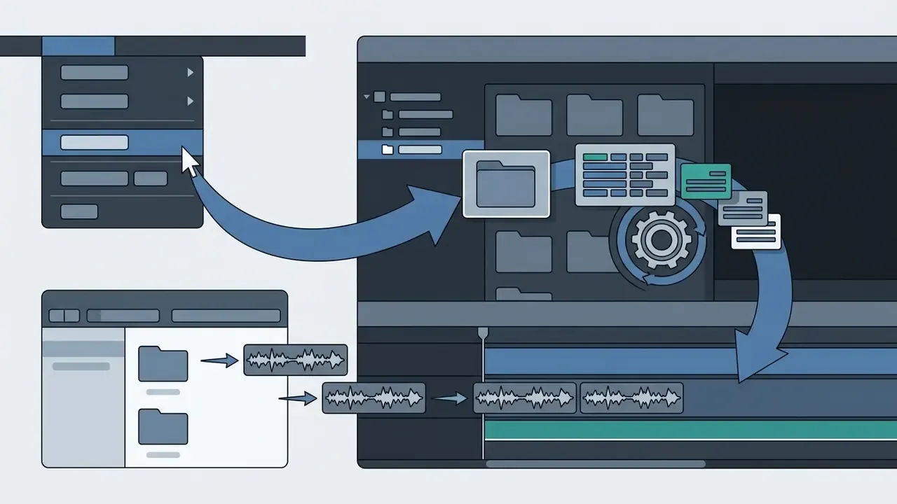 Cursor selecting menu items to import audio files into a video editing software project timeline