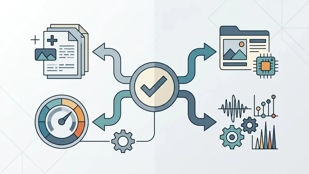 Central checkmark icon branching to icons representing file management, hardware performance, and data analysis