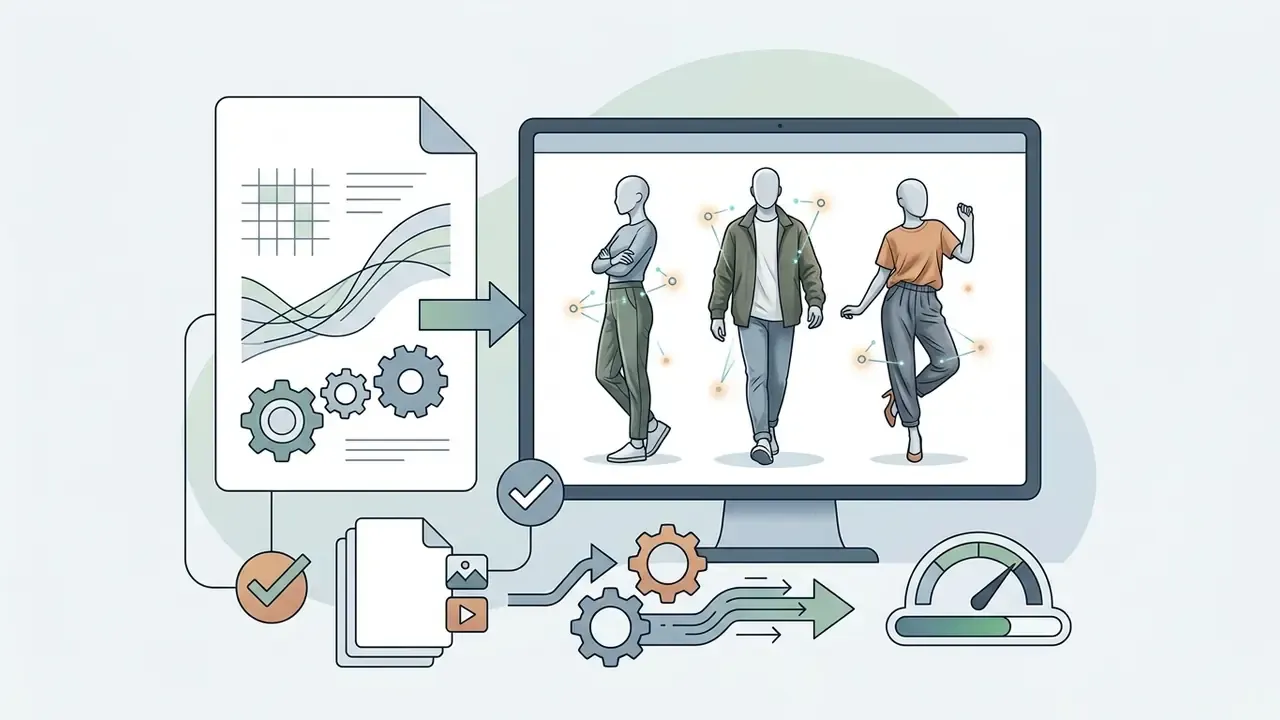 Data document and mechanical gears feeding into a computer screen displaying three posed fashion mannequins