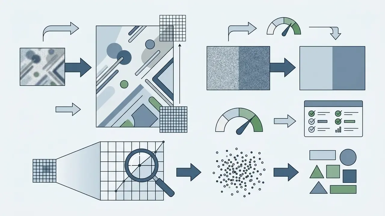 Steps for upscaling images and reducing grain with speed indicators and quality checklists