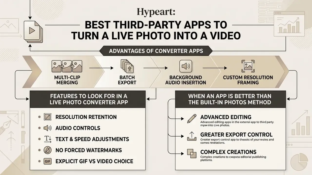 Infographic detailing key features and advantages of using third-party apps to turn a live photo into a video