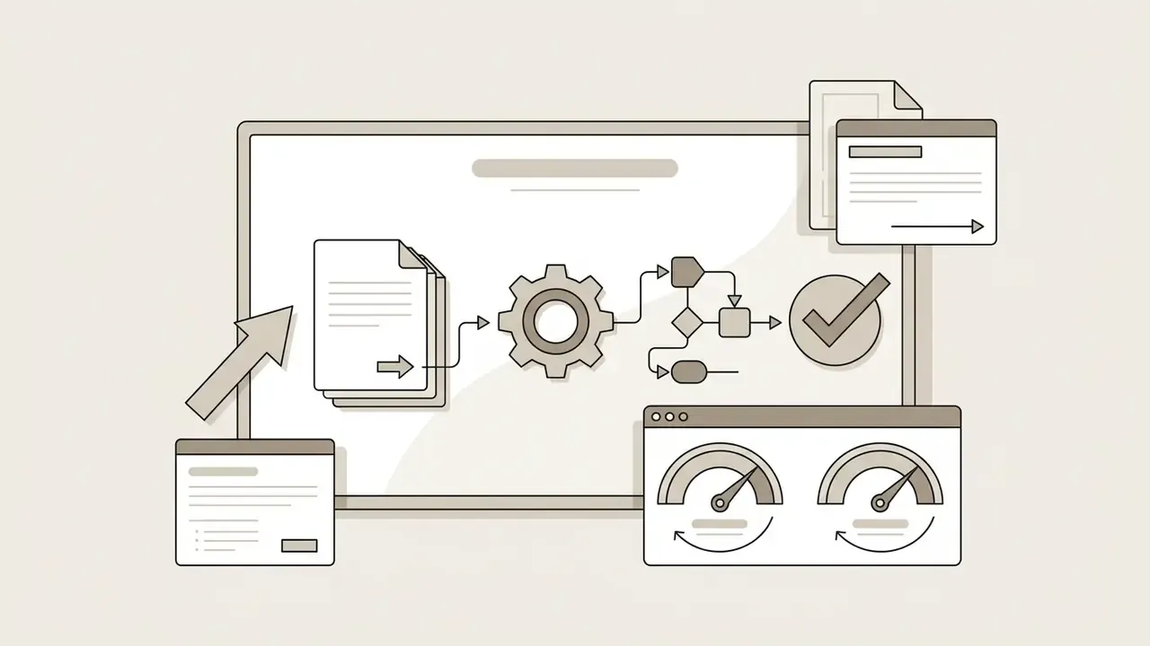 Documents feeding into a central gear mechanism that processes data into a workflow with status indicators