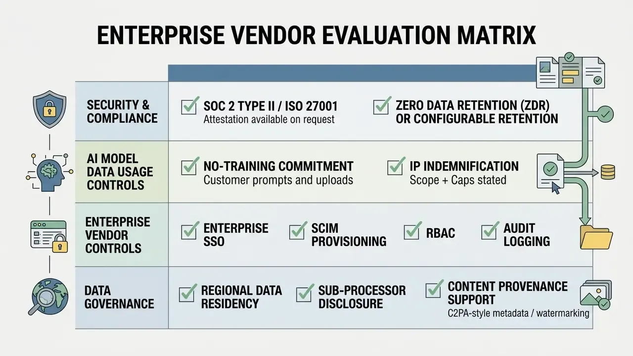 Evaluation matrix listing security, data usage, vendor controls, and governance criteria for AI software