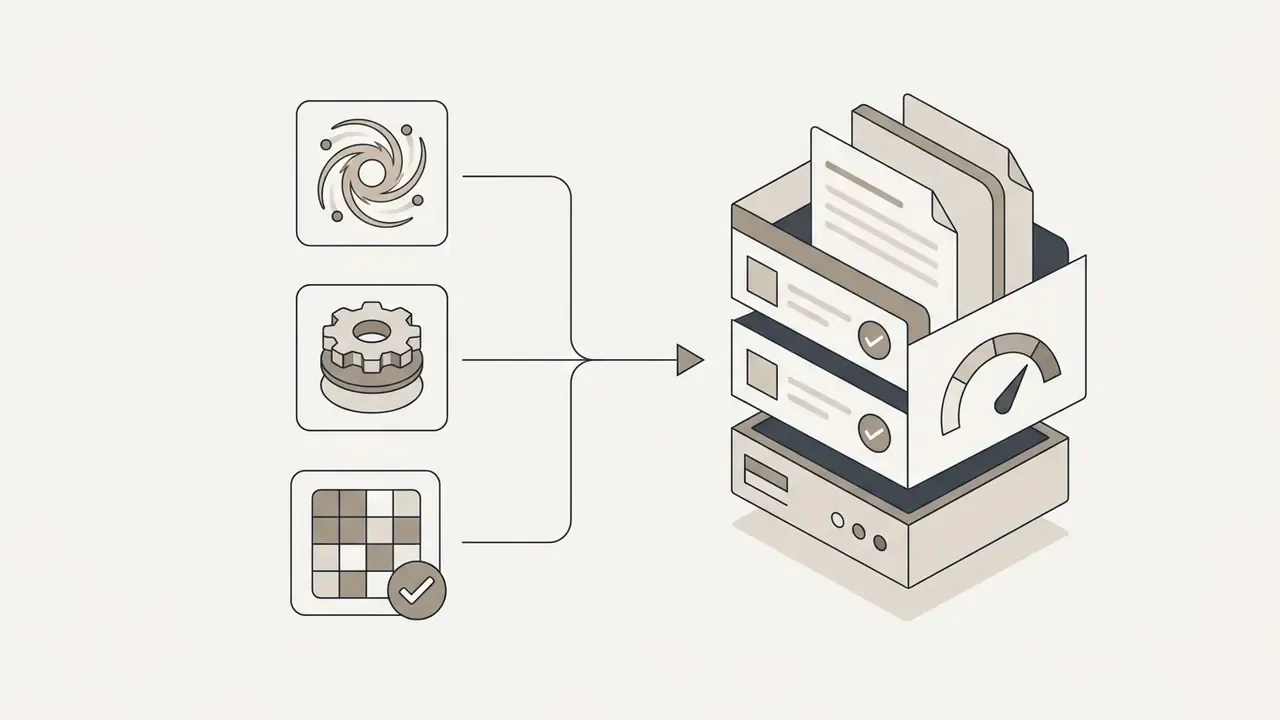 Icons for galaxy, gear, and grid feeding into a server stack with documents and a performance gauge