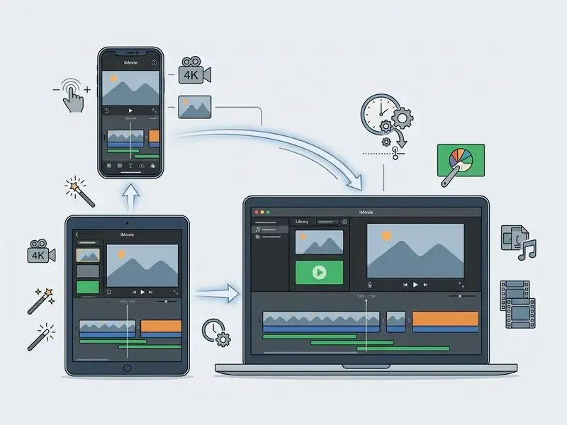 Diagram showing project synchronization and editing workflows between iPhone, iPad, and Mac in iMovie