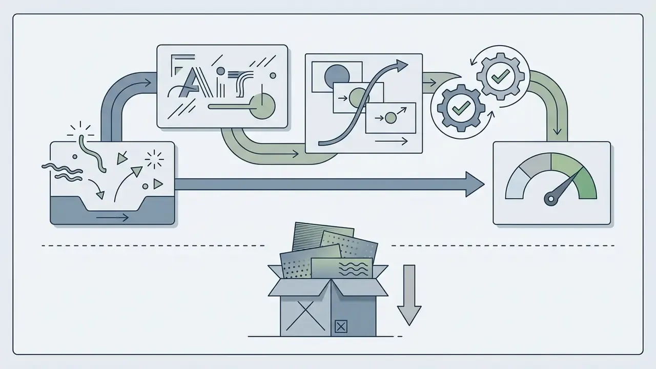 Flowchart showing text and graphic elements being processed through layers and gears into a speed gauge