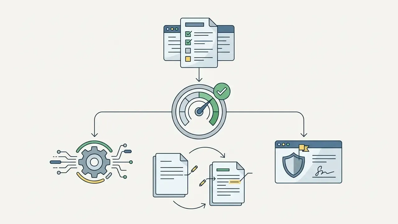 Checklist feeding into a speed gauge that branches to a digital gear, document edits, and a signed shield