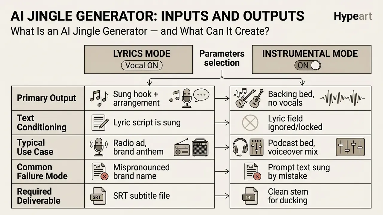 Comparison table detailing outputs and use cases for an AI jingle generator in lyrics and instrumental modes