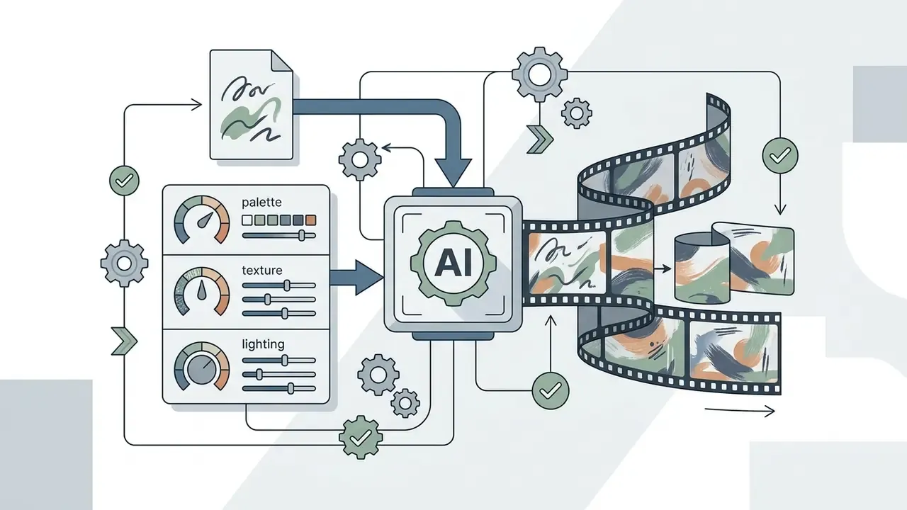 Controls for palette, texture, and lighting feeding into an AI processor to output a film strip