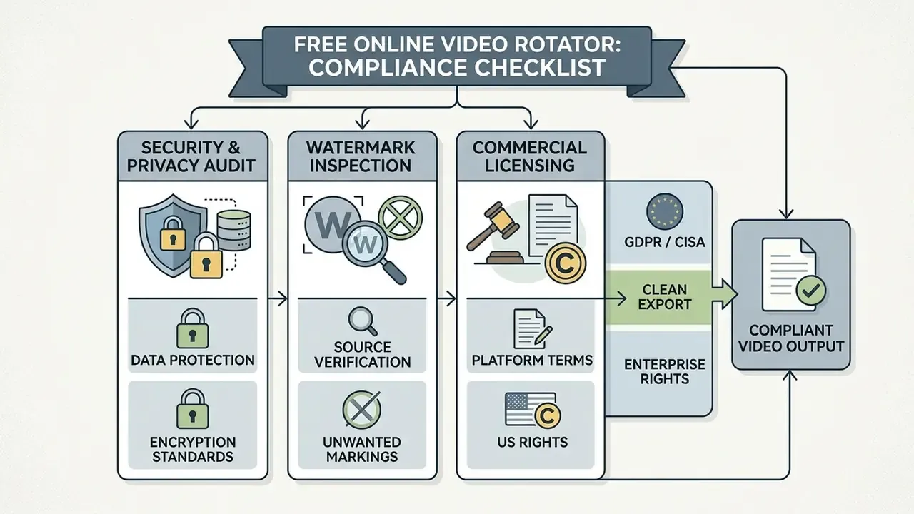 Flowchart outlining a compliance checklist for security, watermark inspection, and commercial licensing