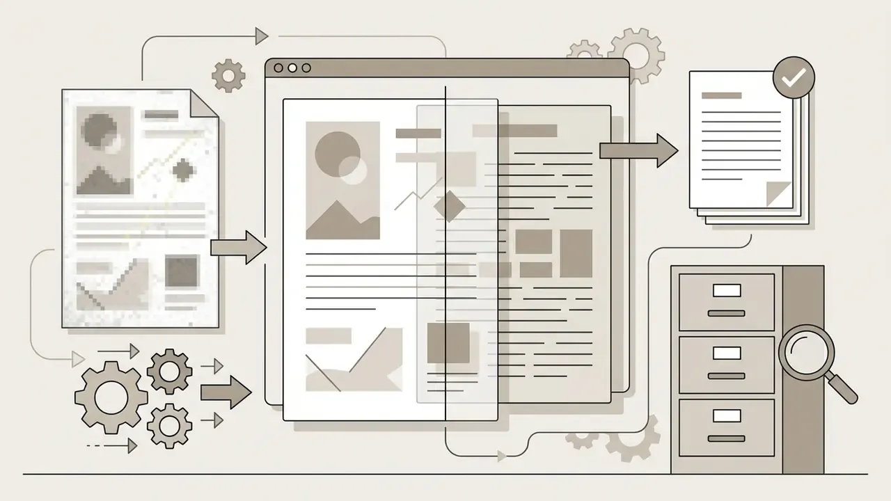 Document page processed by gears into a searchable digital file stored in a filing cabinet