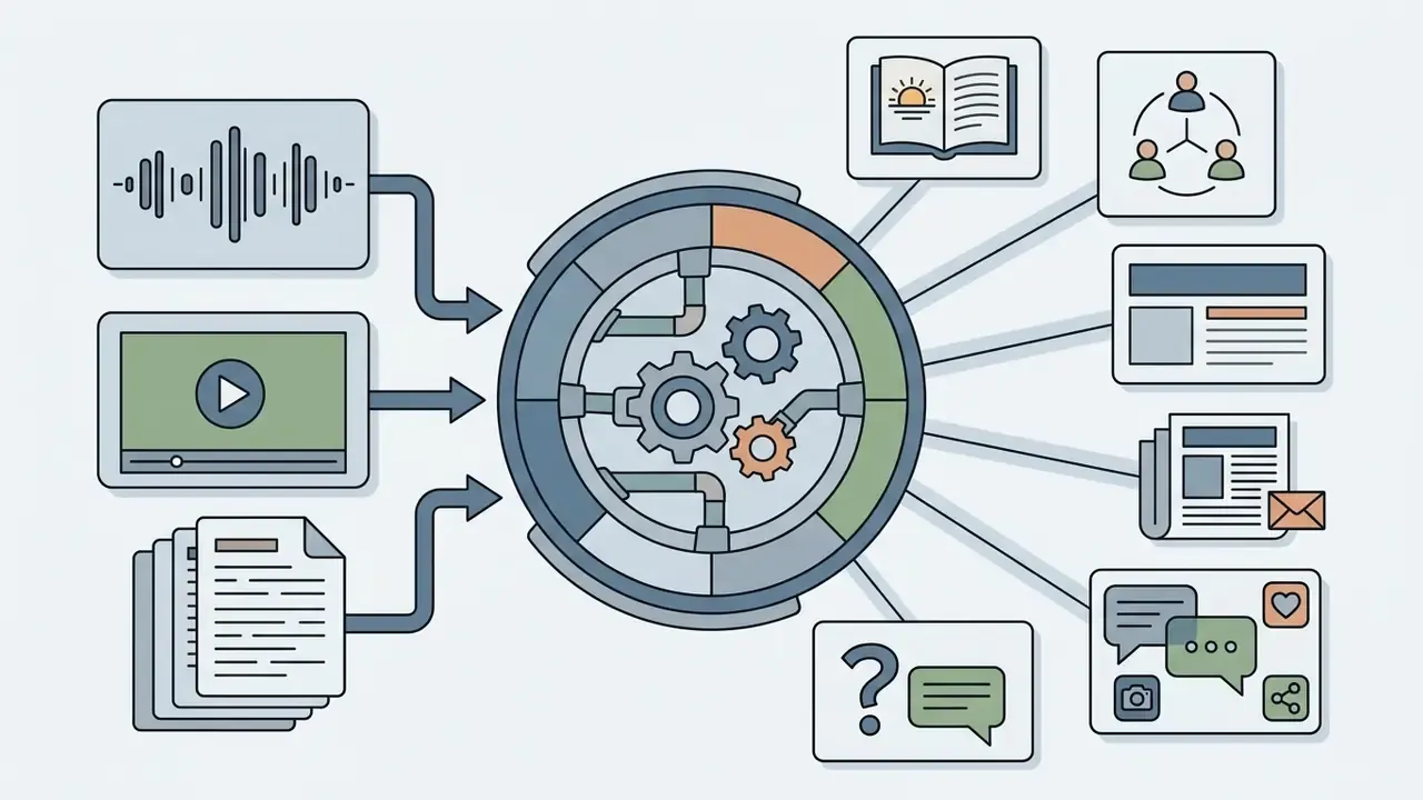 Audio, video, and text inputs feeding into a gear hub that outputs various ministry content formats