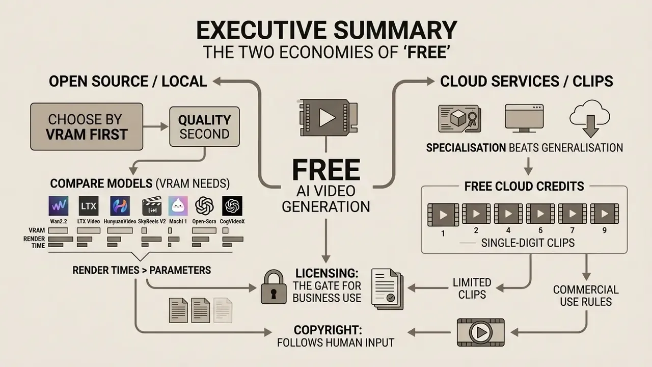 Flowchart comparing local open source AI video generation against cloud-based services