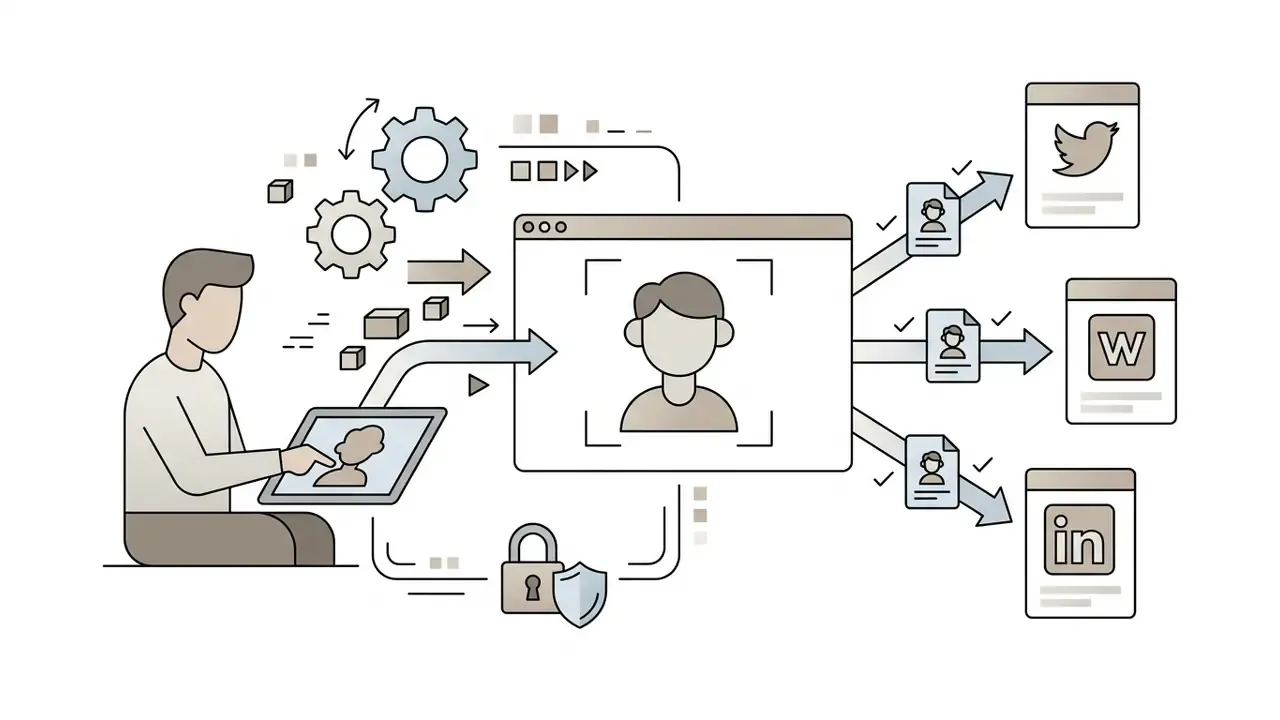 Person using a tablet to design a character that is processed and exported to social media profiles