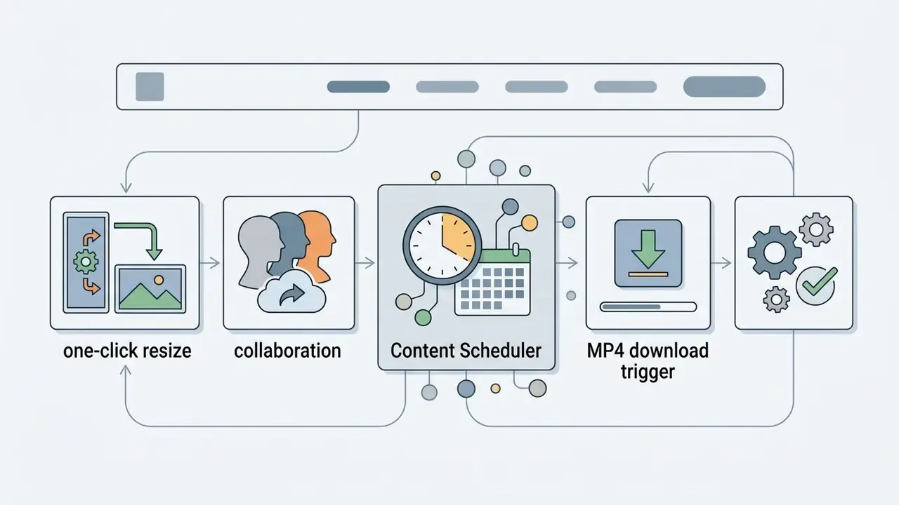 Flowchart showing icons for resizing, collaboration, scheduling, and downloading video files