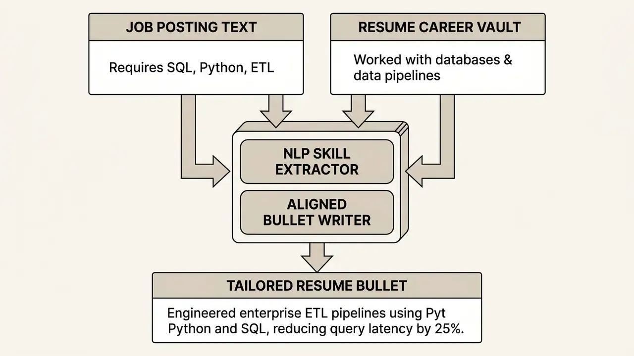 Diagram showing job description and resume data feeding into an NLP processor to generate a tailored bullet